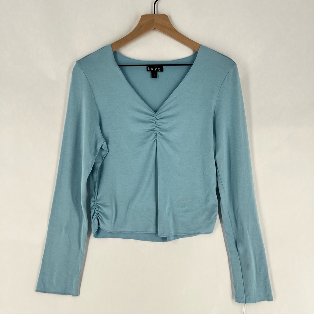 Tart Light Blue Soft Stretch Modal Ruched V-Neck Long Sleeve Cropped Blouse L